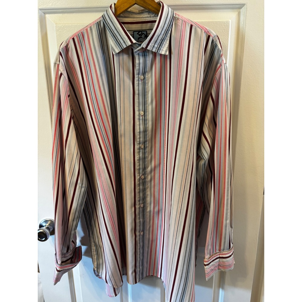 Raw Blue Nu Realms Mens Striped Button Down Shirt Red Pink Blue Multi Color 2XL